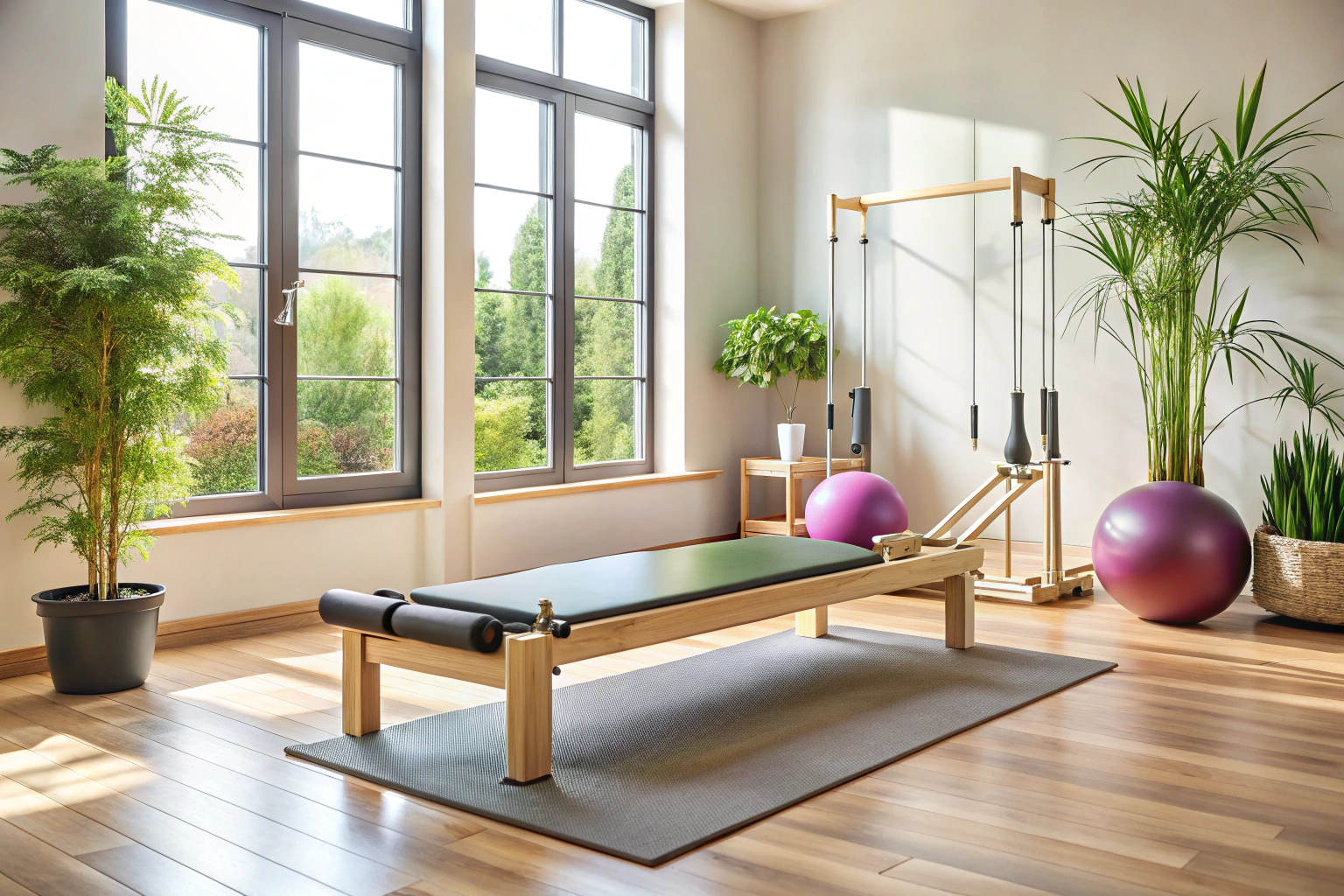 Una imagen que muestra una esterilla de yoga y un equipo de pilates reformer en un espacio luminoso y tranquilo, con tonos suaves y sin distracciones