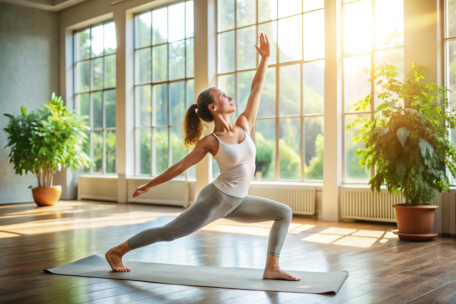 Una persona realizando una postura de yoga en un estudio tranquilo con luz natural, enfocándose en la armonía corporal y la serenidad del entorno