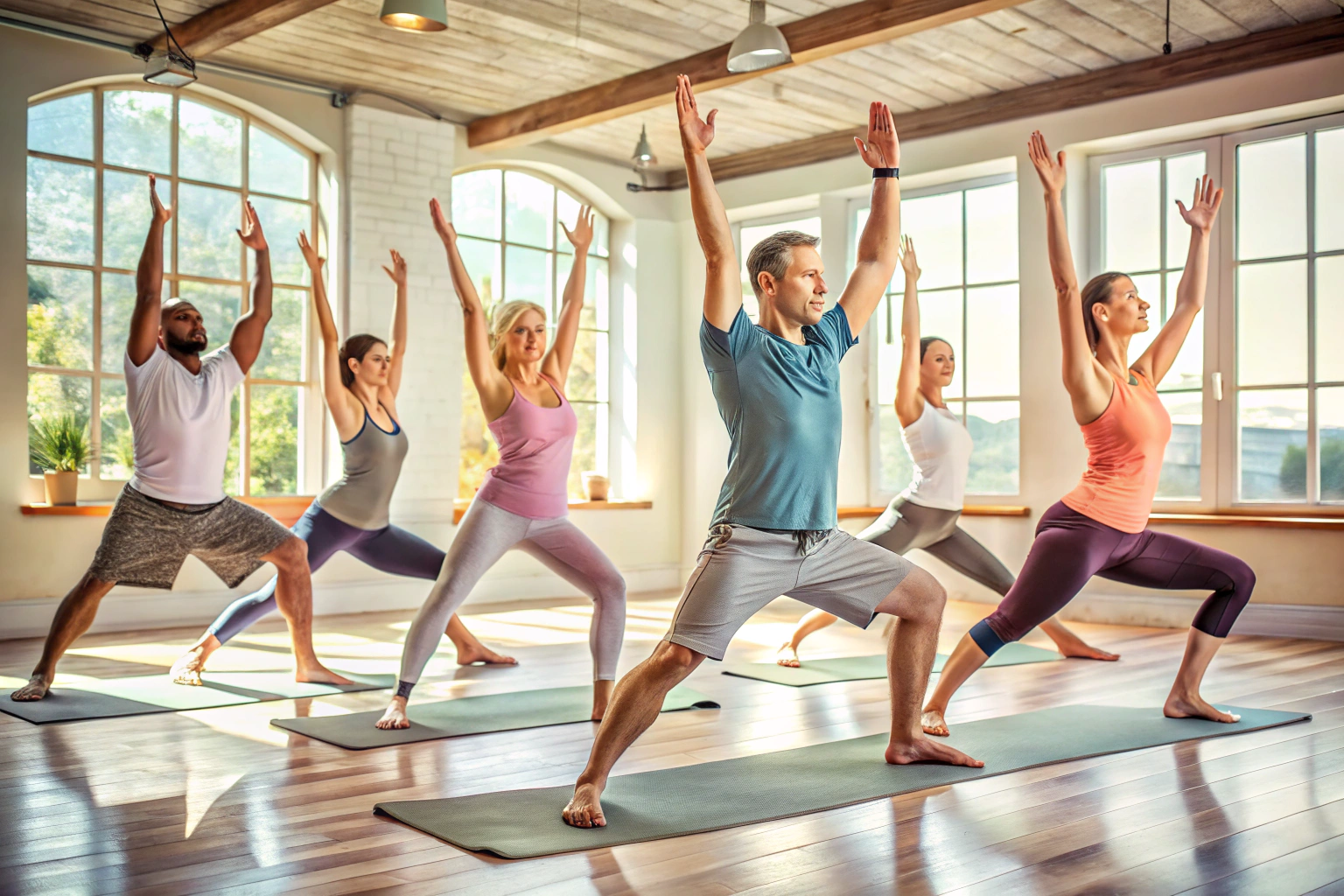 Un grupo de personas realizando posturas de yoga en un estudio espacioso con luz suave, mostrando armonía y concentración
