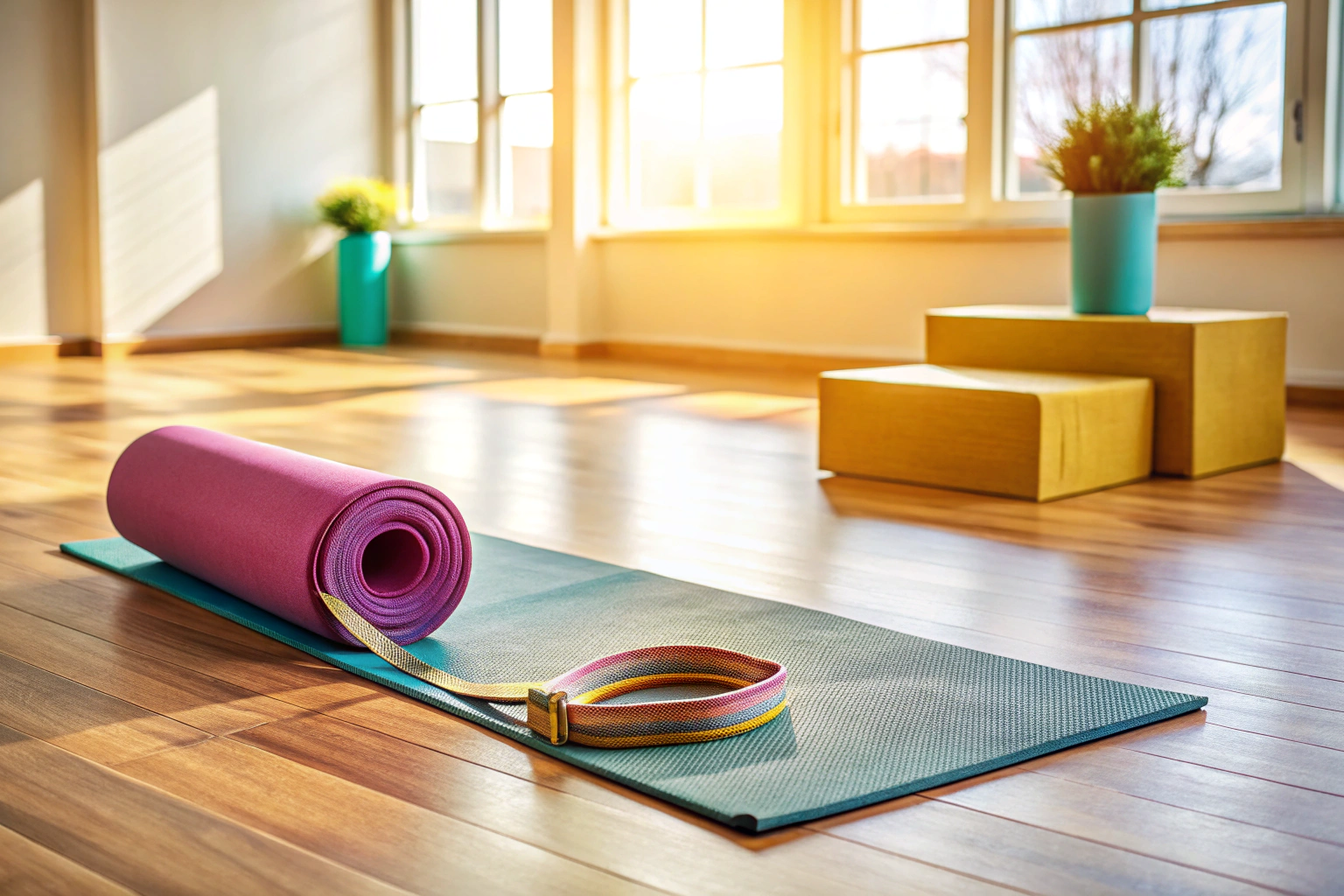 Una esterilla de yoga colorida extendida en un suelo de madera clara, con un bloque de yoga y una correa colocados ordenadamente a un lado, iluminados por la luz natural de una habitación espaciosa