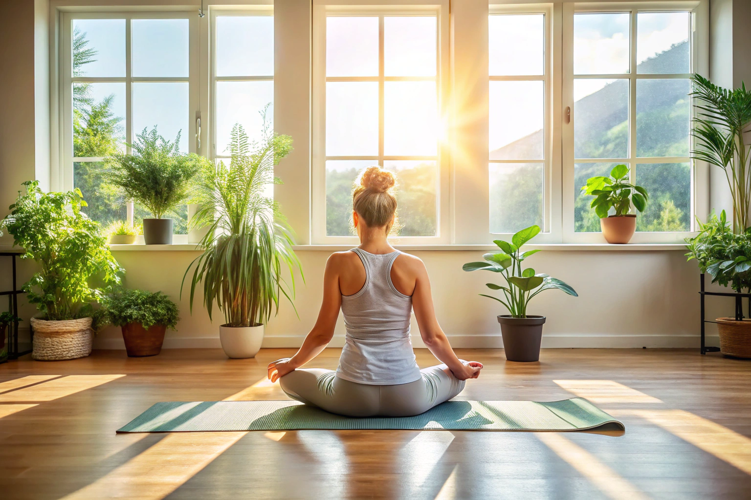 Una persona sentada en posición de loto sobre una esterilla de yoga en una habitación luminosa, con luz natural entrando por una ventana y plantas verdes en macetas alrededor, sin objetos con texto o marcas